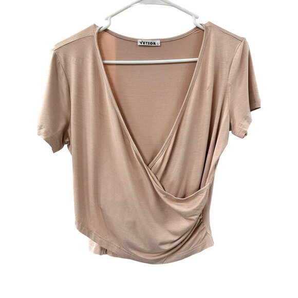 🌸3/$15🌸Deep V-Neck Cross BodyTaupe Crop Top Short Sleeve sz L - Picture 6 of 6